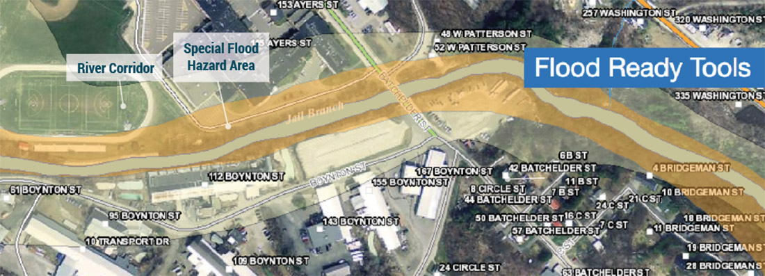 Image from the Flood Ready Atlas showing both floodplain and river corridor layers.