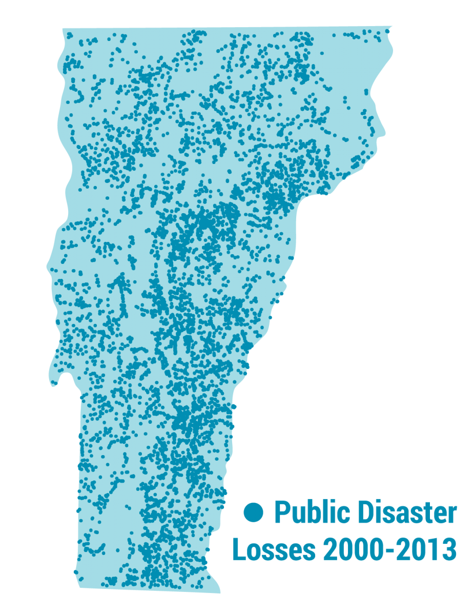 Dots showing public assistance claims across Vermont between 2000-2013.